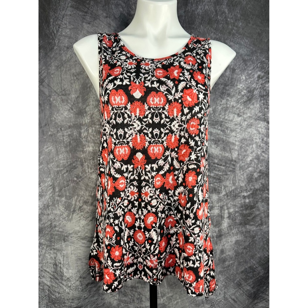 Artisan NY Tank Top Womens Med Red Black Floral 100% Linen Sleeveless Scoop Neck